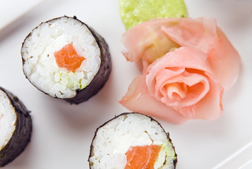 Salmon rolls with ginger and  wasabi