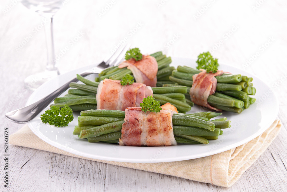 Sticker green bean wrapped in bacon