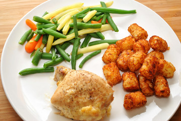 Baked Chicken Dinner with Beans and Potato Tots