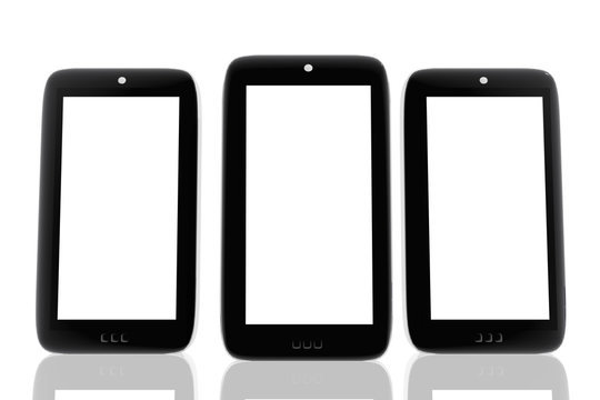 Three mobile phones with space to insert images and text