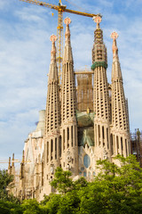 Famous Sagrada Familia cathedral facade in Barcelona, Spain.