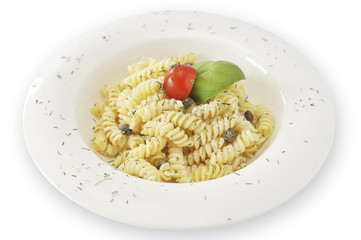 Fusilli pasta with tomato and basil
