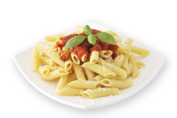 Italian macaroni pasta with tomato ketchup, parmesan and basil