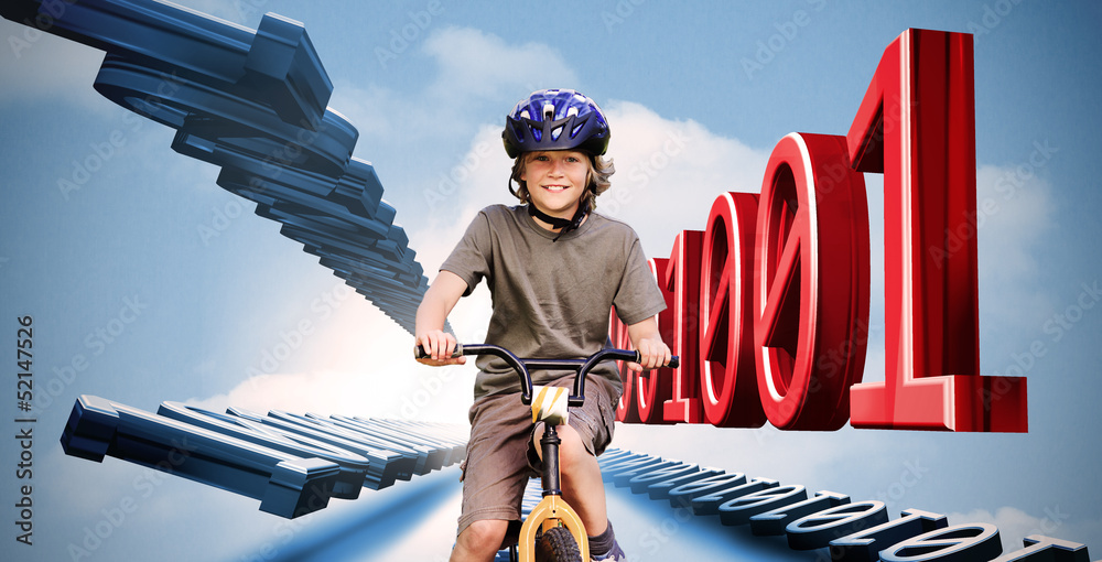 Poster Little boy on a bike with binary code