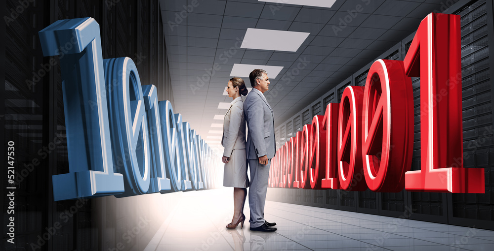 Poster Business people standing back to back with 3d binary code