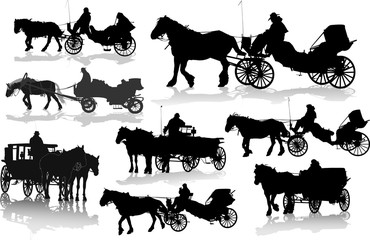 Set of 8 silhouettes of a horse put to a cart
