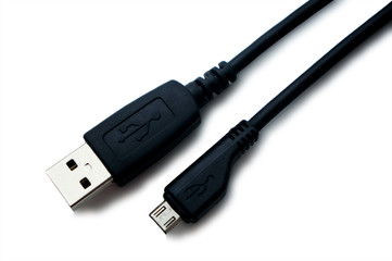 The black USB cable for phone recharge on a white background
