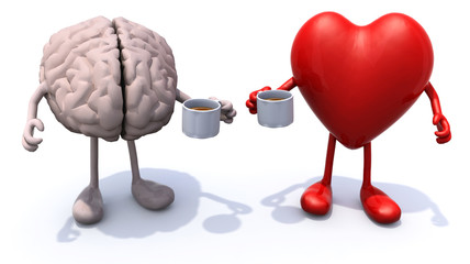human brain and heart with arms and legs and cup of coffee