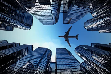 Fototapeten Geschäftstürme mit Flugzeugsilhouette © Dabarti