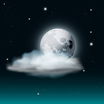 Vector Cloudy Night Sky Illustration with Moon and Stars