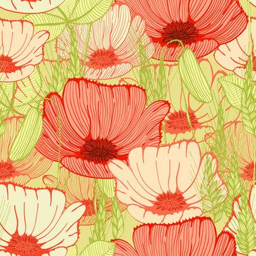 Seamless floral backgroung with hand drawn poppy flowers fiald
