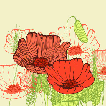 Retro hand drawn greeting card with poppy flowers