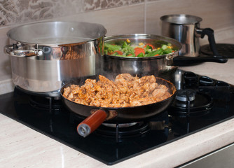 Cooking - kebab, pasta and vegetables