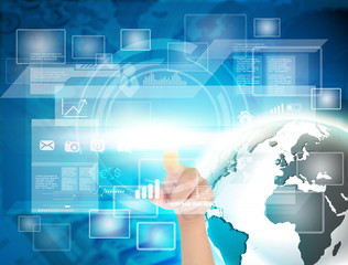 hand touching digital virtual technology in the world