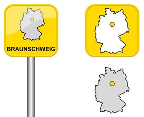 Braunschweig - Ortsschild, Button und Deutschlandkarte