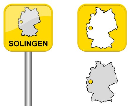 Solingen - Ortsschild, Button und Deutschlandkarte