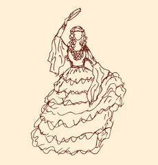 Image of dancing woman in retro clothes. Girl in vintage dress