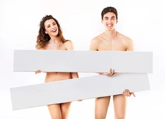 Fototapete Rund Laughing nude couple  with empty adverts © konradbak