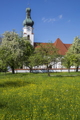 Kirche in Oberbayern mit Frühlingswiese