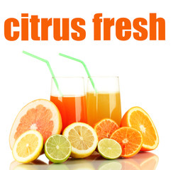 Lots ripe citrus with juices isolated on white