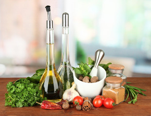 Composition of mortar, bottles with olive oil and vinegar, and