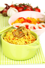 Delicious pilaf with vegetables close up