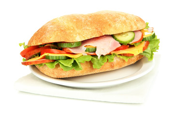 Fresh and tasty sandwich with ham and vegetables isolated