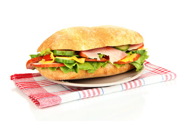 Fresh and tasty sandwich with ham and vegetables isolated