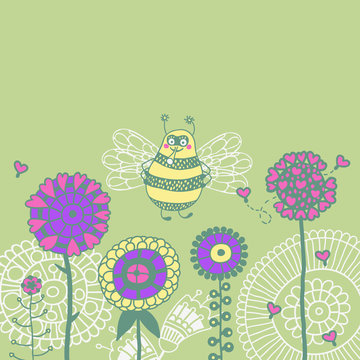 Illustration of bee flying over flowers.