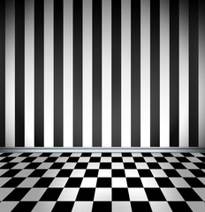 room with striped wallpaper and checkerboard floor - 52171780