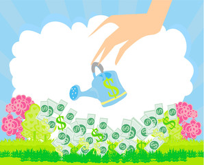 Human hand with a pot watering growing money