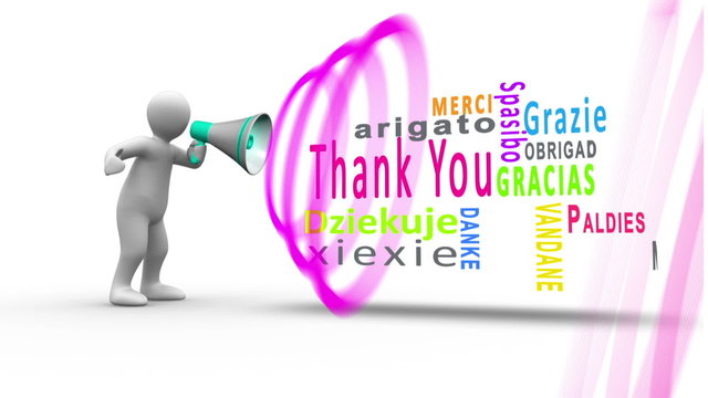 White figure yelling into a megaphone to reveal thank you