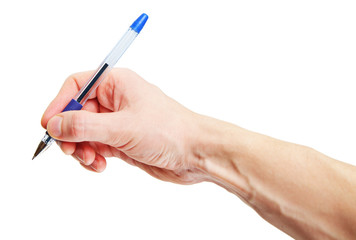 Image of human hand holding pen isolated on white background