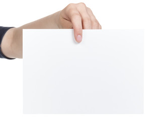 female teen hand showing blank paper sheet