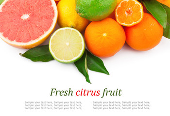 Set of fresh citrus fruits with green leaves