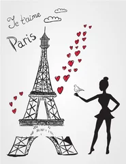 Poster Illustration Paris Tour Eiffel et fille avec oiseau