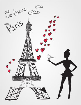 Eiffel tower and girl with bird