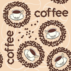 Vector background with coffee beans and cups.