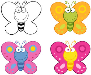 Smiling Butterflies Cartoon Mascot Characters.Collection