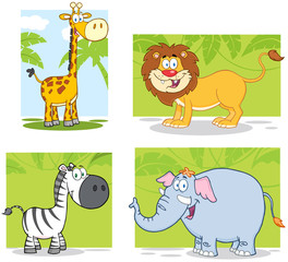 Jungle Animals Cartoon Characters With Background. Collection