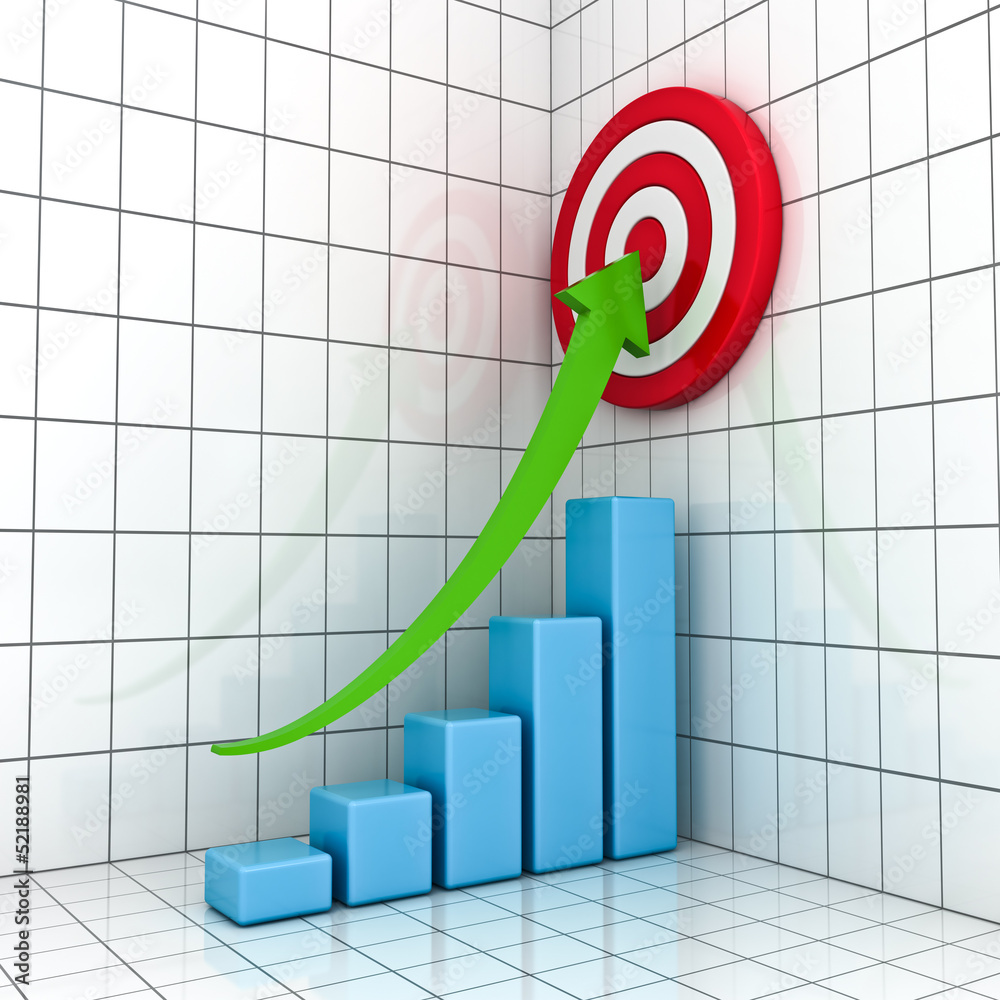 Poster business graph with green rising arrow and red target concept