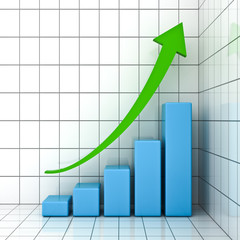 Business Graph with green rising arrow over white