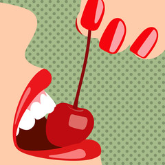 Pop art sensual female mouth with a cherry.