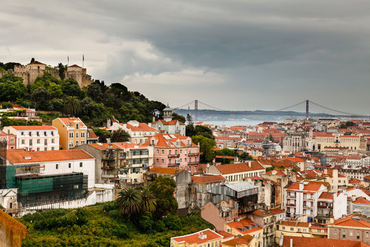Aerial View on San Giorgio Castle and 25 Abril Bridge, Lisbon, P