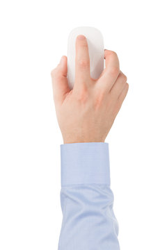 Man's Hand In A Shirt On A Modern Wireless Glass Touch Mouse.