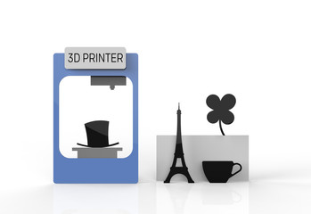 3D printer and various printed objects and prototypes.