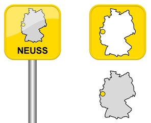 Neuss - Ortsschild, Button und Deutschlandkarte