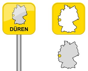 Düren  - Ortsschild, Button und Deutschlandkarte