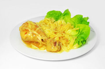 chicken drumstick noodle cheese green salad