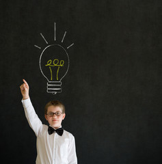 Hand up answer boy business man with bright idea chalk lightbulb